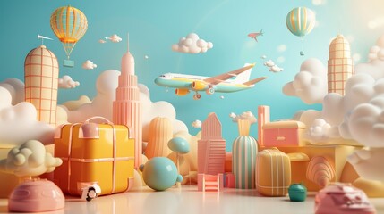 Whimsical 3d renderings of dreamy travel destinations 3d style isolated flying objects memphis style 3d render  AI generated illustration - obrazy, fototapety, plakaty