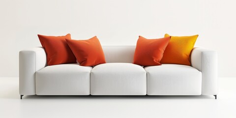 Minimalistic white sofa accented with vibrant orange throw pillows on a neutral background, exemplifying contemporary home decor elegance.