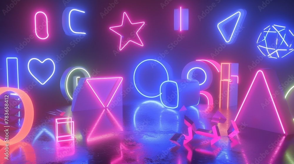 Poster whimsical shapes dancing in a neon playground 3d style isolated flying objects memphis style 3d rend