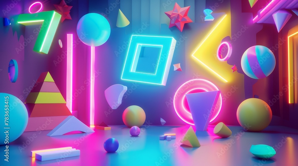Poster whimsical shapes dancing in a neon playground 3d style isolated flying objects memphis style 3d rend