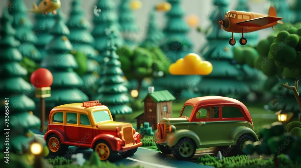 Poster whimsical toy vehicles in a magical forest 3d style isolated flying objects memphis style 3d render 
