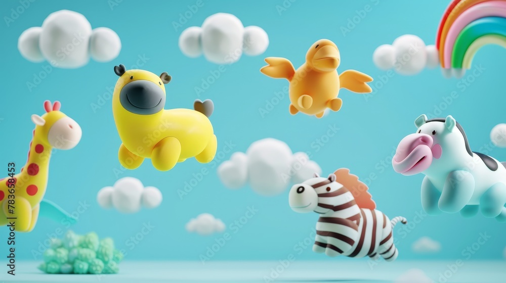 Poster Whimsical toy animals floating in midair 3d style isolated flying objects memphis style 3d render   AI generated illustration