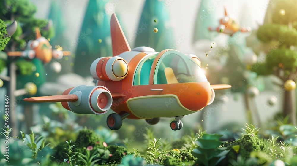 Poster whimsical toy vehicles in a magical forest 3d style isolated flying objects memphis style 3d render 