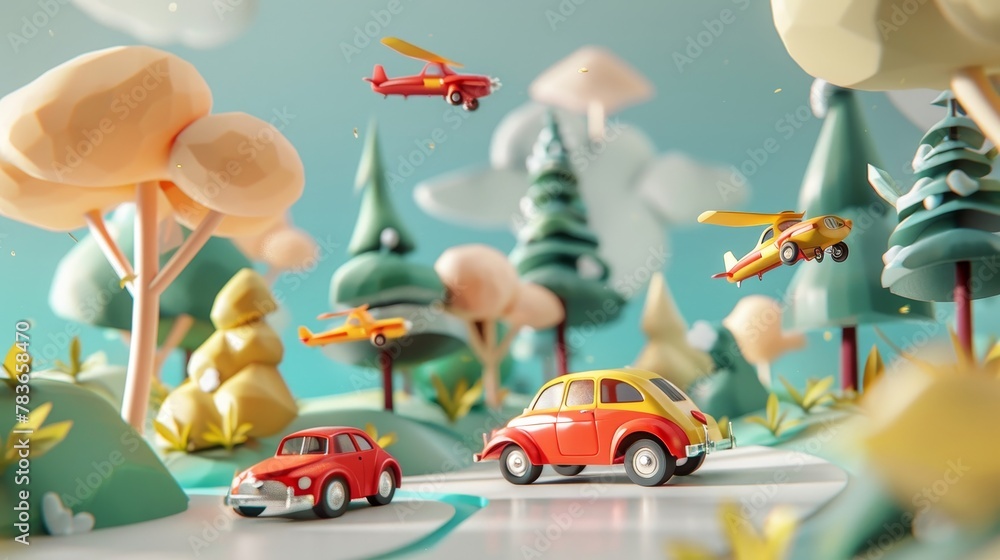 Poster whimsical toy vehicles in a magical forest 3d style isolated flying objects memphis style 3d render 