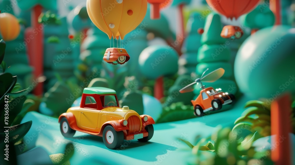 Poster whimsical toy vehicles in a magical forest 3d style isolated flying objects memphis style 3d render 
