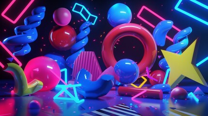 Fototapeta premium Whimsical shapes dancing in a neon playground 3d style isolated flying objects memphis style 3d render AI generated illustration