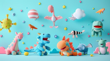 Whimsical stuffed animals with exaggerated features 3d style isolated flying objects memphis style 3d render  AI generated illustration