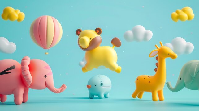 Whimsical toy animals floating in midair 3d style isolated flying objects memphis style 3d render   AI generated illustration