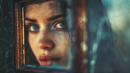 Close-up portrait of a young woman looking through the window