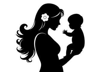 Mother holding baby silhouette, aware of Mother's Day, Mom Day, mom Love, mother with flowers, white background
