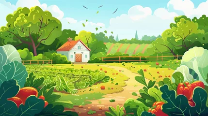 Tuinposter A flat vector illustration depicting a scenic country landscape showcasing a vegetable kitchen garden and organic farm crops in various stages of growth. The illustration highlights the fresh © Azad