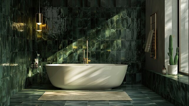 Modern and minimalist bathroom design, dark green tiles with gold objects