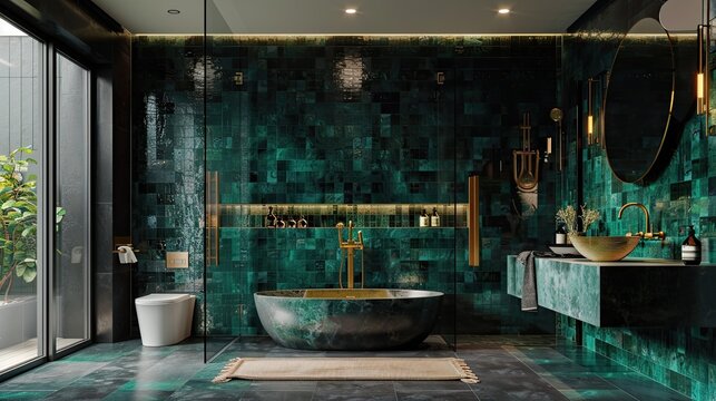 Modern and minimalist bathroom design, dark green tiles with gold objects