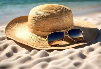 hat and sunglasses on the beach  Generated with AI.