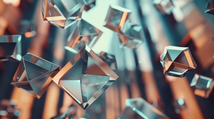Abstract Metallic Geometric Shapes in Mid-Air - obrazy, fototapety, plakaty