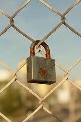 Lonely rusty padlock stuck in a grid, over a road full of cars