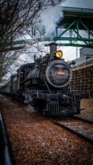 Fototapeta premium Train on railway surrounded by fallen leaves
