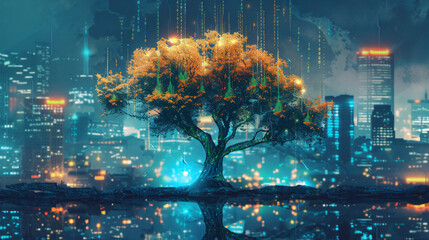 Illustration of beautiful glowing tree growing