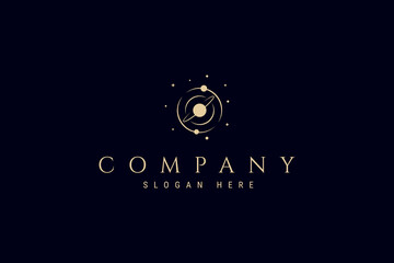 Vector logo on which a golden abstract image of the solar system with planets rotating around the sun. © Local Vector