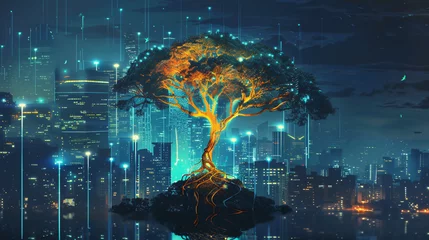 Gordijnen Illustration of beautiful glowing tree growing © Abdulmueed