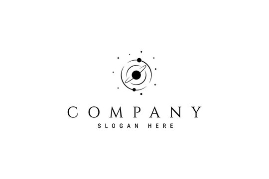 Vector logo of abstract image of solar system with planets rotating around the sun.