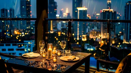 A romantic dinner on a covered balcony, the table lit by candles, as rain creates a symphony against the backdrop of a golden-lit cityscape.