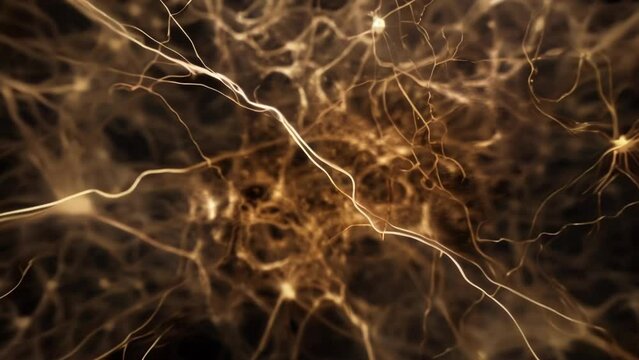 A highly magnified image of a group of neurons appearing like a web of delicate threads intertwined together in a complex network. . AI generation.