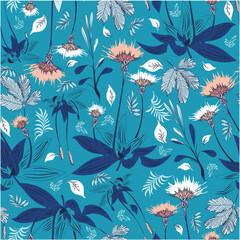 Vector textile of different field colors. Seamless pattern with grasses ornament, floral texture repeat, vintage blue meadow background
