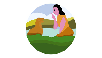 woman with dog, flat color illustration
