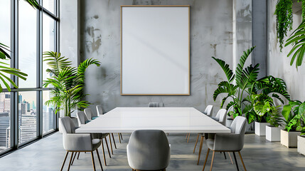 Interior of modern meeting room with white walls, concrete floor, long wooden table with gray chairs and vertical mock up poster frame. 