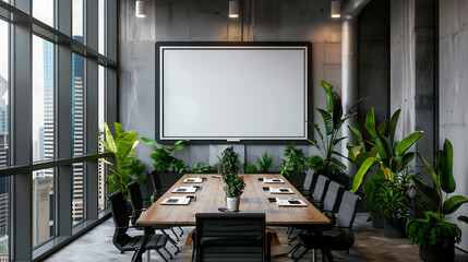 Modern meeting room interior with blank poster on the wall.
