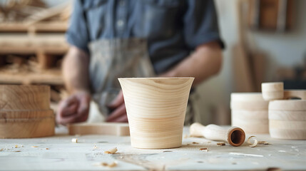 Carpenter making wooden cup in workshop, closeup. Workshop - obrazy, fototapety, plakaty