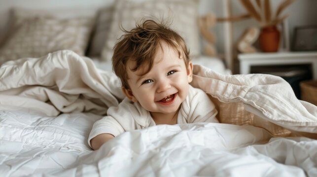 Photo funny baby smiling and lying on a white bedding at home