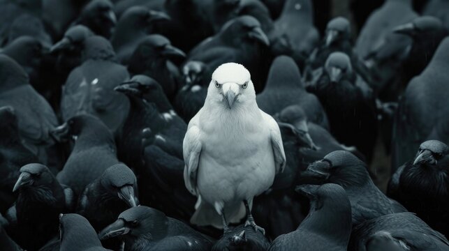 White crow standing out in a flock of black crows.