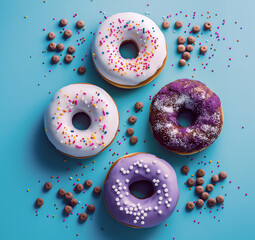 a bunch of donuts with purple and pink sprinkles on them