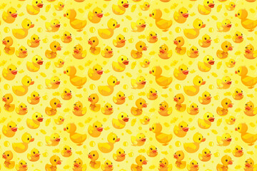 Joyful yellow duck seamless pattern with bubbles and stars