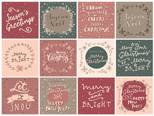 Set of Merry Christmas and Happy New Year hand drawn greeting cards