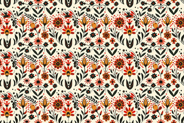 A floral patterned wallpaper with a mix of red, yellow, and black flowers