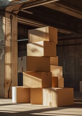 Cardboard boxes stacked on top of each other on a shelf, warehouse with packages that are ready for delivery.