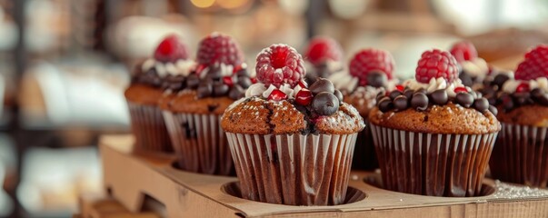 Delicious sweet muffins decorated with chocolate and fruit in a box at the bakery.