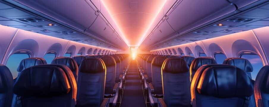 View of the plane deck, empty seats in the plane.