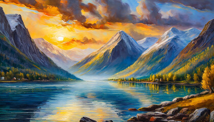 Oil painting on canvas of beautiful fjord landscape with mountains and green nature. Hand drawn art.