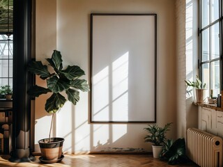 Bright Minimalist Interior with Large Blank Canvas and Potted Plants by Window
