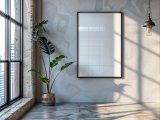 A blank poster frame hangs on a wall next to a large window and a potted plant. Modern interior 