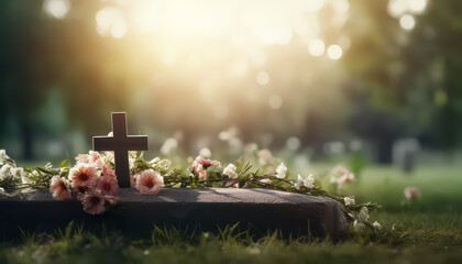 A cemetery with a cross and a casket with flowers on top - obrazy, fototapety, plakaty