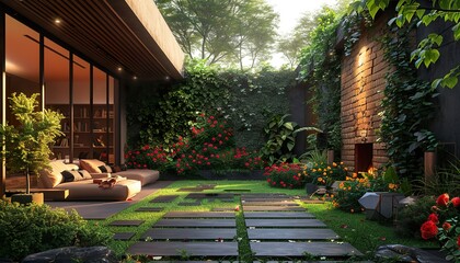 A general exterior view of a back garden patio area. Generative ai cinematic lighting