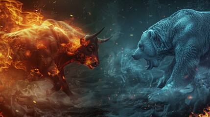 Fiery bull and icy bear in epic confrontation, symbolizing the volatile dance of stock market's bullish and bearish powers