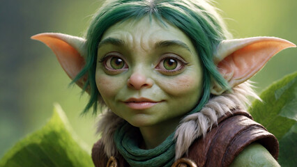 Portrait of a cute fairytale troll with a kind face and big ears
