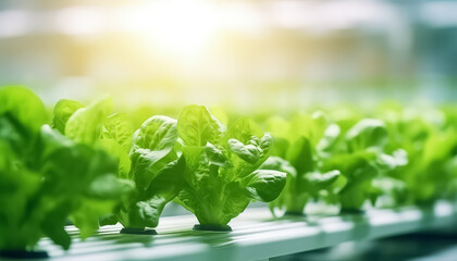 A row of green plants are growing in a greenhouse