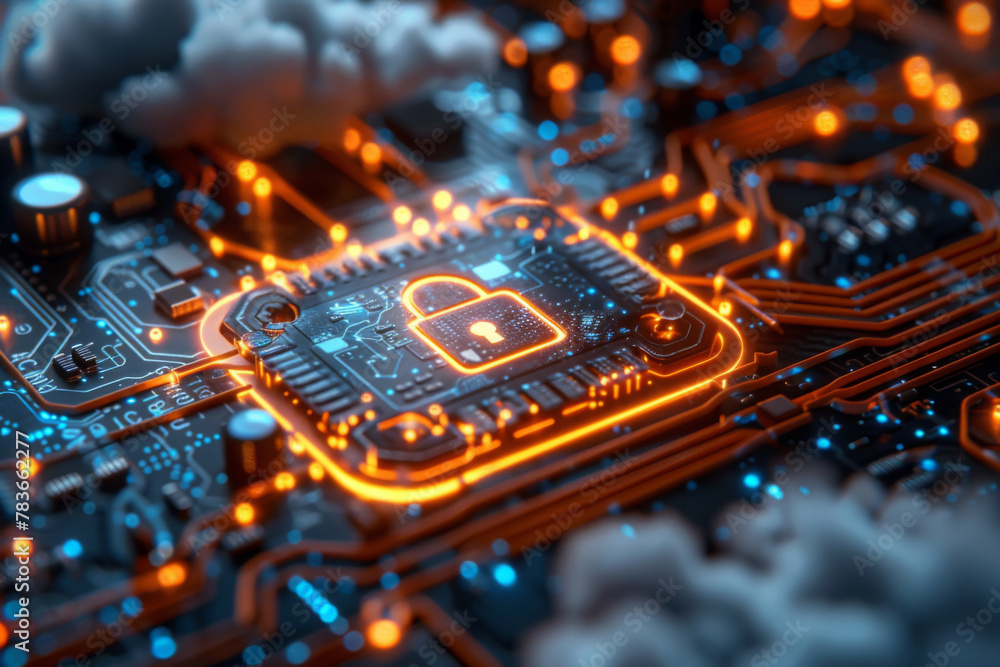 Poster cyber internet cloud security or data storage of network protection with padlock sign light, futuris